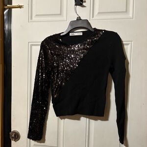 Zara Black Sequin Asymmetrical Sweatshirt